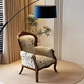 Stylish Accent Chair with Wooden Armrests Patterned Fabric and Floor Lamp Potted Plant on Carpet