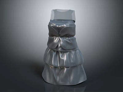 Silver Sleeveless Dress With Layered Ruffled Design And Bow Decoration 3d model