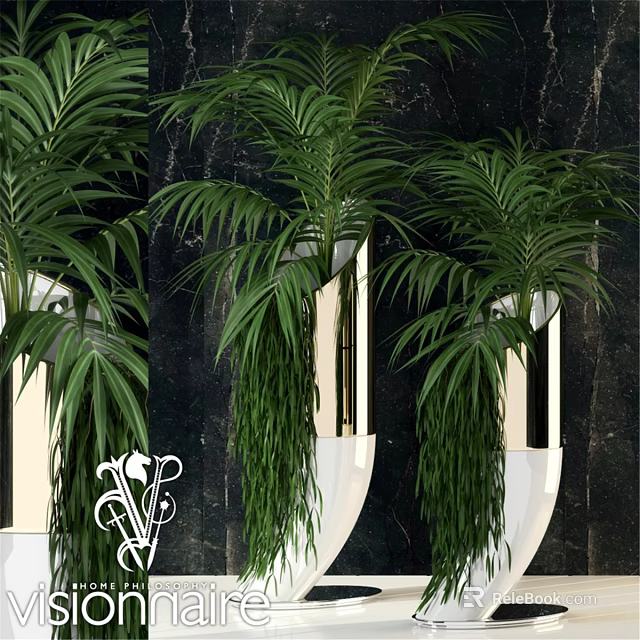 Decorative Ornament Arrangement with Green Palm Plants and White Planters on Modern Marble Backdrop 3d model 