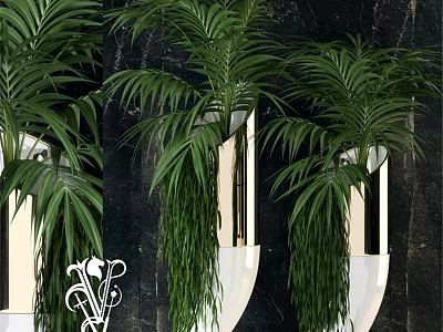 Decorative Ornament Arrangement with Green Palm Plants and White Planters on Modern Marble Backdrop 3d model