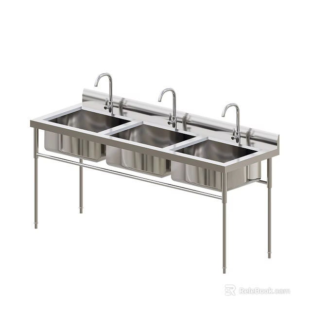 Restaurant Commercial Kitchen Stainless Steel Triple Sink With Three Faucets And Metal Stand 3d model 