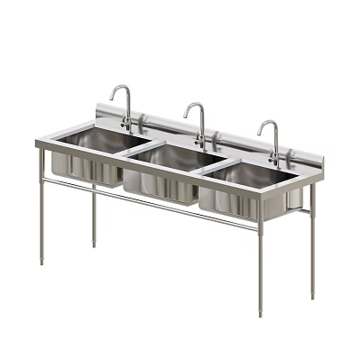 Restaurant Commercial Kitchen Stainless Steel Triple Sink With Three Faucets And Metal Stand 3d model