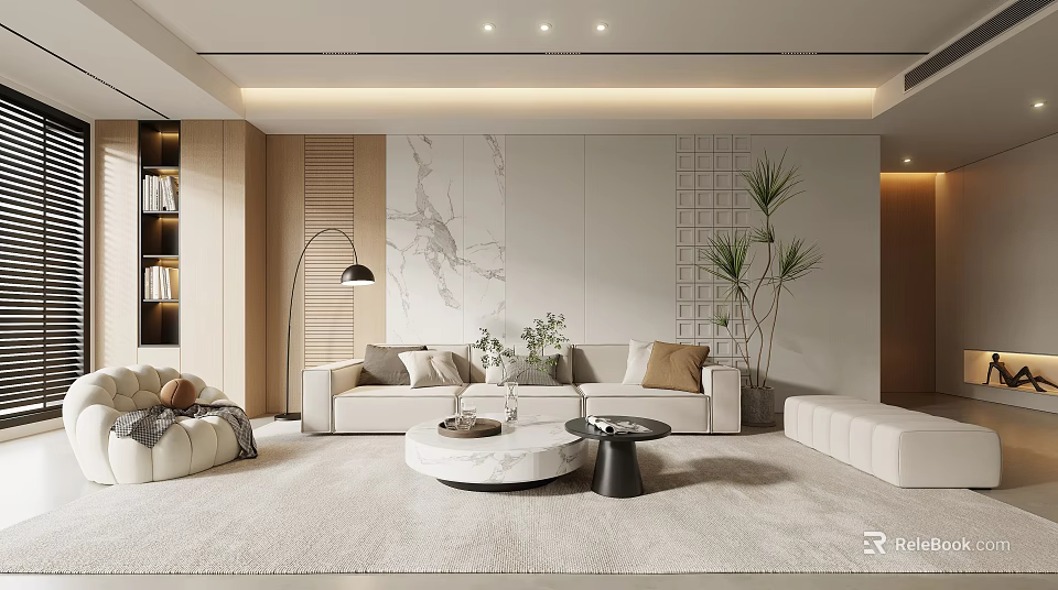 Modern Living Room With Sofa Round Coffee Tables And Plants 3d model 