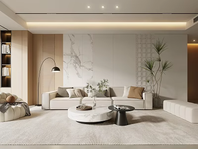 Modern Living Room With Sofa Round Coffee Tables And Plants 3d model