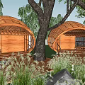 Spiral Wooden Tower in Natural Landscape with Trees Grass and Glass Dome Structure