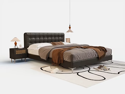 Modern Stylish Double Bed Bedroom Interior With Leather Headboard Nightstand Table Lamp And Area Rug 3d model
