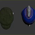 Green Military Hat With Red Star And Blue Knit Cap With SPOPT GOR Text