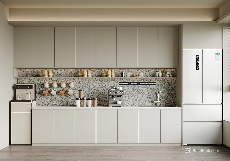 Modern Pantry Design With Light Gray Cabinets Shelves Cups Jars And Coffee Machine 3d model 