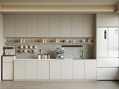 Modern Pantry Design With Light Gray Cabinets Shelves Cups Jars And Coffee Machine 3d model