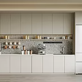 Modern Pantry Design With Light Gray Cabinets Shelves Cups Jars And Coffee Machine
