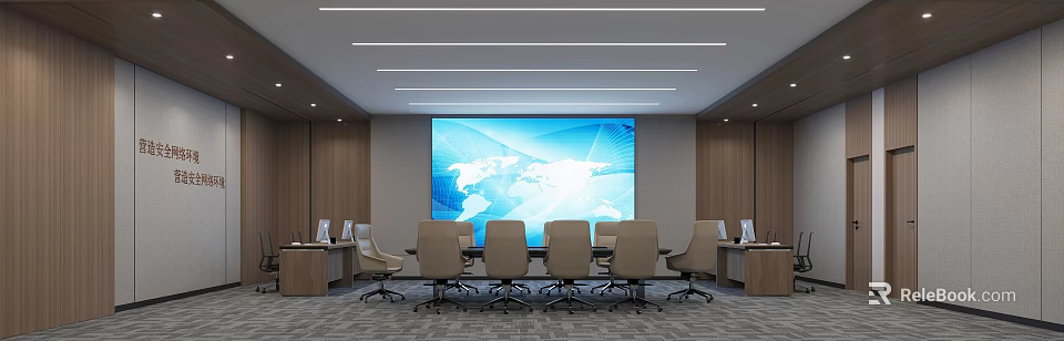 Modern Conference Room With Large World Map Screen Wooden Panel Walls And Ergonomic Chairs 3d model 