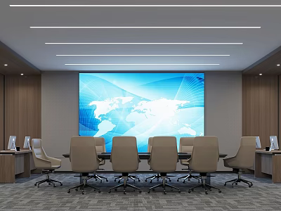 Modern Conference Room With Large World Map Screen Wooden Panel Walls And Ergonomic Chairs 3d model