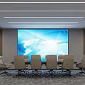Modern Conference Room With Large World Map Screen Wooden Panel Walls And Ergonomic Chairs