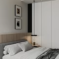 Modern Minimalist Bedroom Interior With Neutral Tones Wooden Headboard And Decorative Paintings