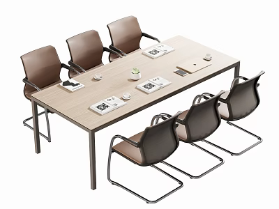 Modern Conference Table With Chairs Documents Notebooks And Cups In Office Meeting Room 3d model