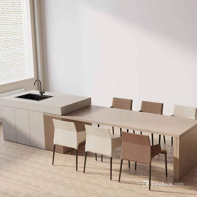 Minimalist Dining Table Set With Light Colored Table Mixed Beige Brown Chairs And Adjacent Island Counter 3d model 
