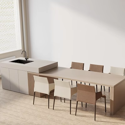 Minimalist Dining Table Set With Light Colored Table Mixed Beige Brown Chairs And Adjacent Island Counter 3d model