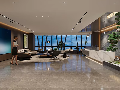 Modern Front Desk Reception Area With Marble Counter Sofa And Indoor Plants 3d model