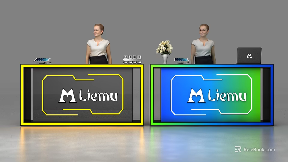 Modern Liemu Reception Desk With Yellow Border Blue Gradient Design Flower Arrangement And Receptionist 3d model 