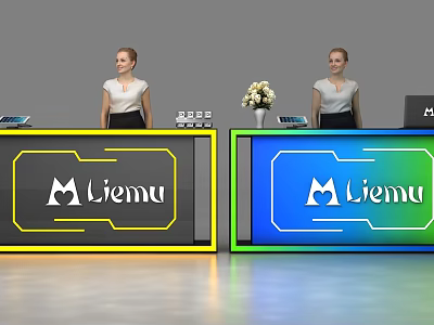 Modern Liemu Reception Desk With Yellow Border Blue Gradient Design Flower Arrangement And Receptionist 3d model
