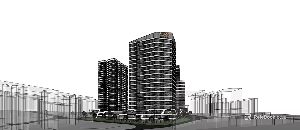 Modern High Rise Office Building Exterior With Vehicles And Greenery 3d model 