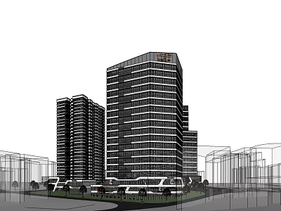 Modern High Rise Office Building Exterior With Vehicles And Greenery 3d model