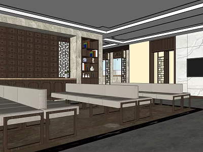 Chinese Style Interior Lounge Area With Wooden Carved Partitions And Sofa Seating 3d model