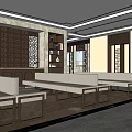 Chinese Style Interior Lounge Area With Wooden Carved Partitions And Sofa Seating