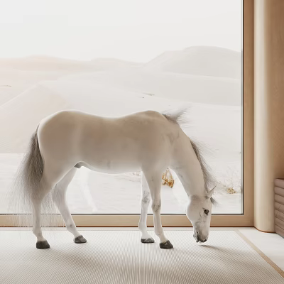 White Desert Reptile Standing Near Window With Sandy Landscape Background 3d model