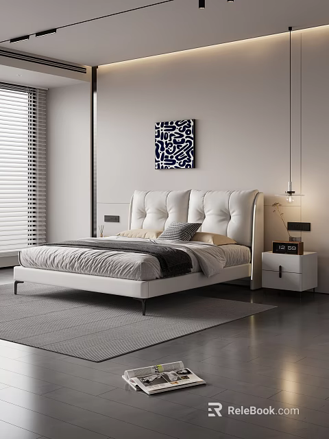Modern Double Bed With Upholstered Headboard Neutral Bedding Nightstand And Abstract Wall Art 3d model 