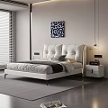 Modern Double Bed With Upholstered Headboard Neutral Bedding Nightstand And Abstract Wall Art