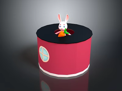 Red Decorative Cylinder with Black Top White Rabbit Holding Carrot and Side Blue Cross Window 3d model