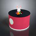 Red Decorative Cylinder with Black Top White Rabbit Holding Carrot and Side Blue Cross Window