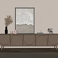 White TV Stand With Curved Doors And Decorative Items In Living Room With Wall Art