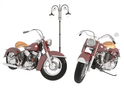 Two Maroon Classic Motorcycles With Tan Leather Seats And Vintage Street Lamp 3d model