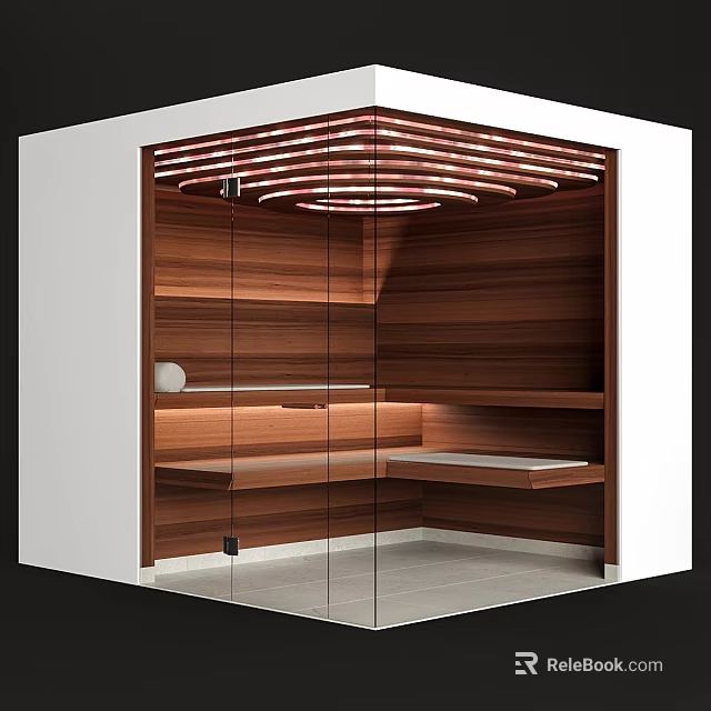Modern Shower Sauna Interior Design With Wooden Walls Glass Door Shelves And Lighting 3d model 
