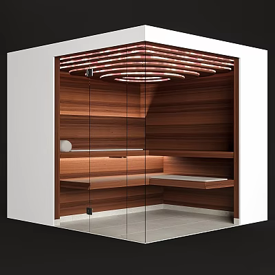 Modern Shower Sauna Interior Design With Wooden Walls Glass Door Shelves And Lighting 3d model