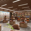 Supermarket Snack Area Interior Layout With Display Shelves Various Snacks Checkout Counter And Tables Chairs