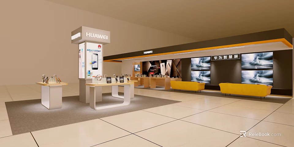 Huawei Digital Store Interior With Display Counters Phones And Yellow Seating 3d model 