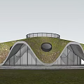 Modern Sales Office Building with Green Roof Wavy Design and Arched Entrance Surrounded by Trees
