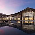 Modern Architectural Building With Curved Wooden Roof And Water Reflection In Evening Sky
