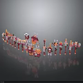 Colorful Miniature Scene Components Arranged In Row With Red White Orange Elements