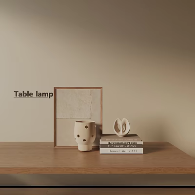 Ornamental Decor Set With Table Lamp Picture Frame Vase And Books On Wooden Table 3d model