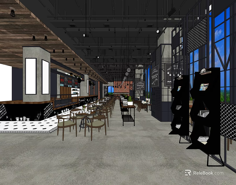 Modern Café Interior Design With Open Layout Large Windows Bar Counter And Wooden Tables 3d model 