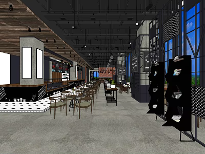 Modern Café Interior Design With Open Layout Large Windows Bar Counter And Wooden Tables 3d model