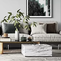 Modern Sofa and Coffee Table Set with Throw Pillows Potted Plants and Decorative Painting