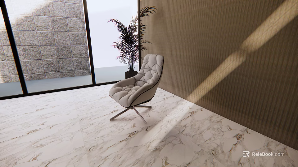 Modern Lounge Area with Tufted Gray Chair Marble Floor Light Brown Wall and Green Plant 3d model 