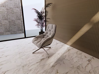 Modern Lounge Area with Tufted Gray Chair Marble Floor Light Brown Wall and Green Plant 3d model