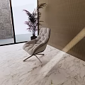 Modern Lounge Area with Tufted Gray Chair Marble Floor Light Brown Wall and Green Plant