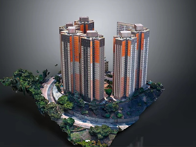 Modern High Rise Residential Buildings With Orange White Facade And Green Vegetation Surrounding 3d model